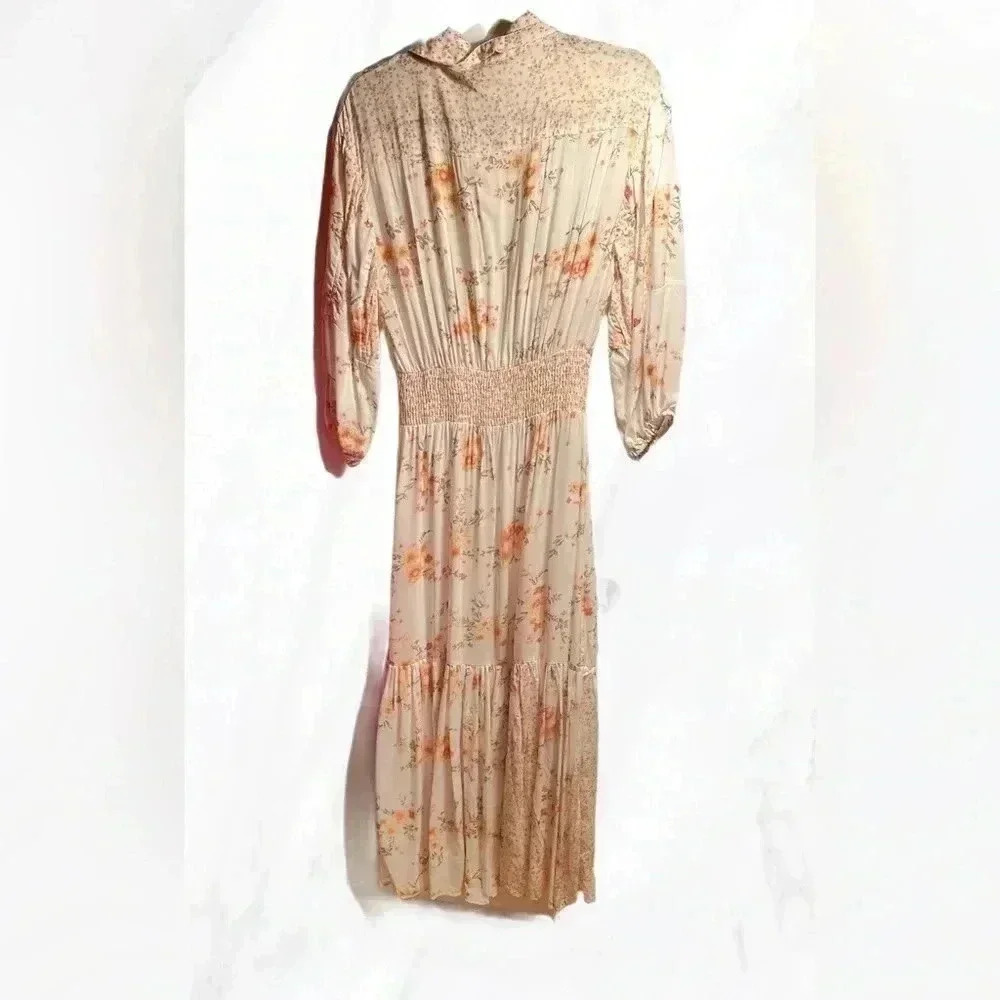 NWT Dex orange  cream smock waist floral mid sleeve dress XS - Picture 3 of 5
